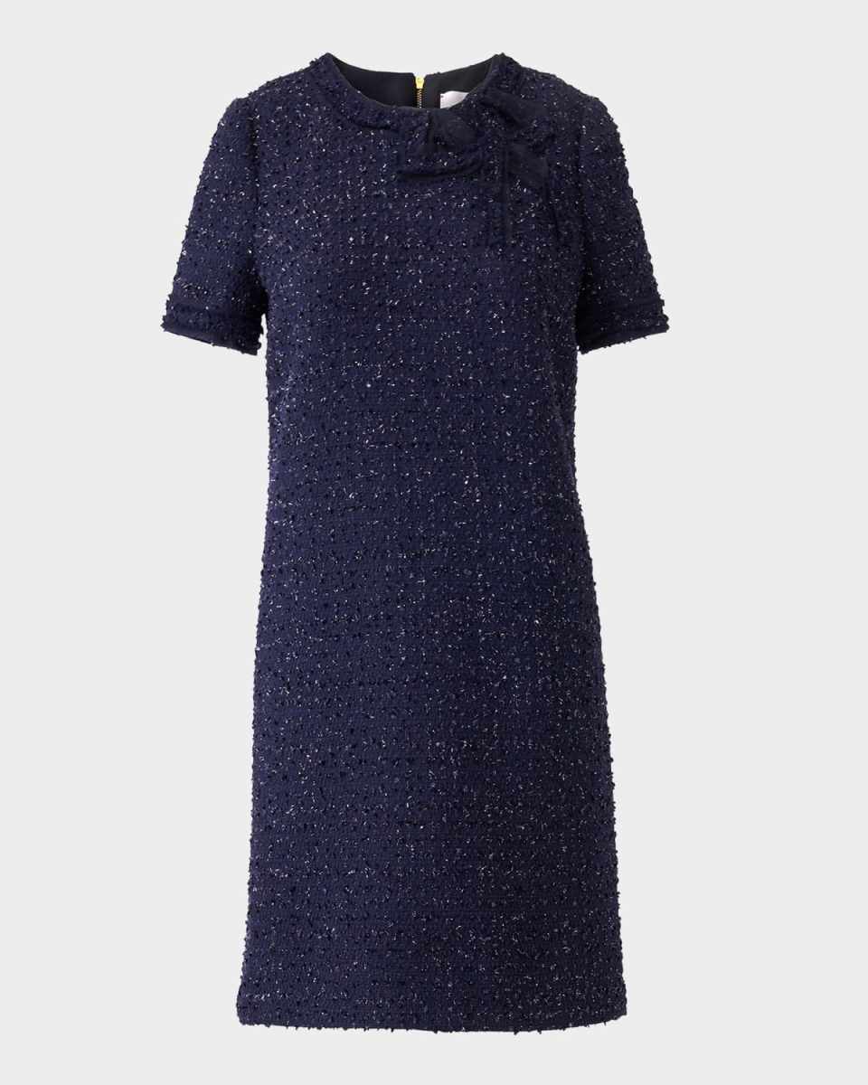 Bow-Neck Short-Sleeve Tweed Mini Dress